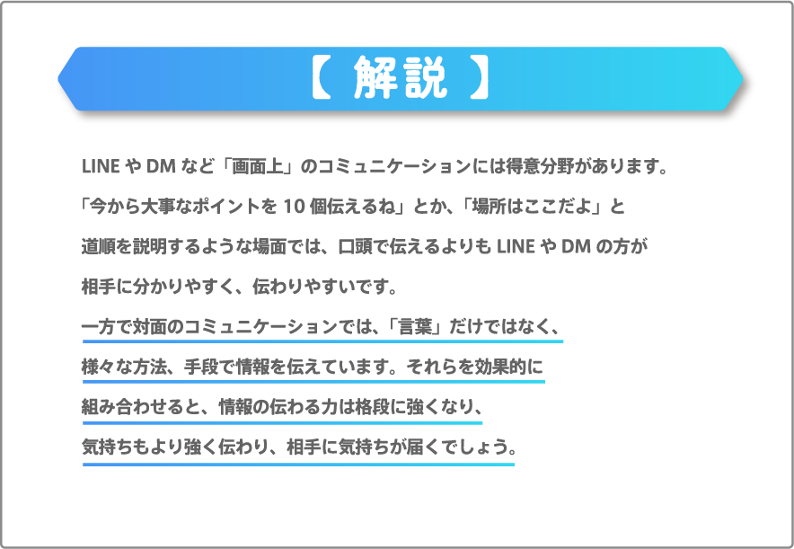 LINEやDMなど「画面上」のコミュニケーションには得意分野があります。「今から大事なポイントを10個伝えるね」とか、「場所はここだよ」と道順を説明するような場面では、口頭で伝えるよりもLINEやDMの方が相手に分かりやすく、伝わりやすいです。一方で対面のコミュニケーションでは、「言葉」だけではなく、様々な方法、手段で情報を伝えています。それらを効果的に組み合わせると、情報の伝わる力は格段に強くなり、気持ちもより強く伝わり、相手に気持ちが届くでしょう。