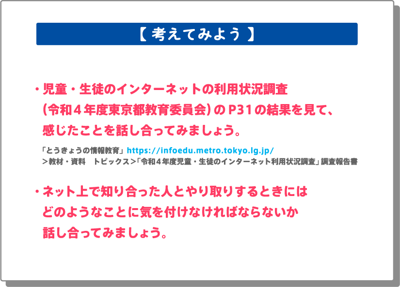 ・児童・生徒のインターネットの利用状況調査（令和4年度東京都教育委員会）のP31の結果を見て、感じたことを話し合ってみましょう。「とうきょうの情報教育」https://infoedu.metro.tokyo.lg.jp/＞教材・資料　トピックス＞「令和４年度児童・生徒のインターネット利用状況調査」調査報告書・ネット上で知り合った人とやり取りするときにはどのようなことに気を付けなければならないか話し合ってみましょう。