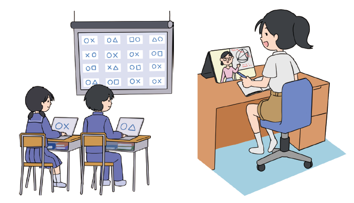 PCを使用して授業を受けてる様子のイラスト