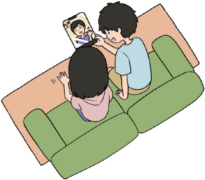 オンラインビデオ通話をしてる家族のイラスト
