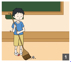 教室でのようす。たかしさんが教室の床を箒で掃除している