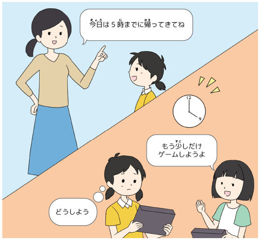 花子さんはお母さんから「今日は5時までに帰ってきてね」と言われた。友達と遊んでいると4時になったが、「もう少しだけゲームをしようよ」と友達に誘われた。