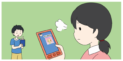 SNSでまじめだねというコメントとぷっと笑うようすのスタンプが送られ、むっとする女の子