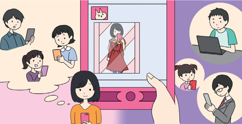 SNSに試着する姿の写真を載せる女の子
