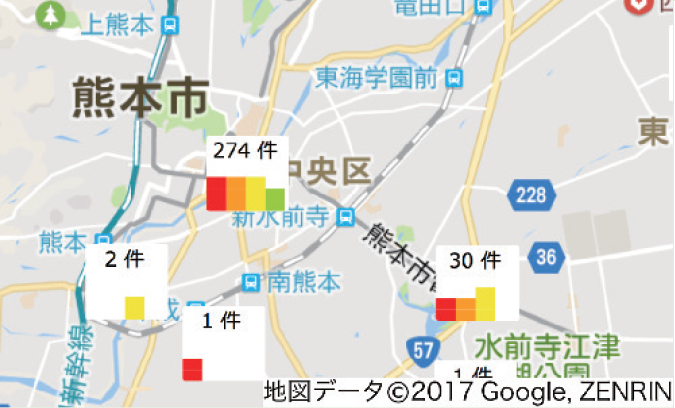 災害状況要約システムD-SUMMで見た地図上での災害状況